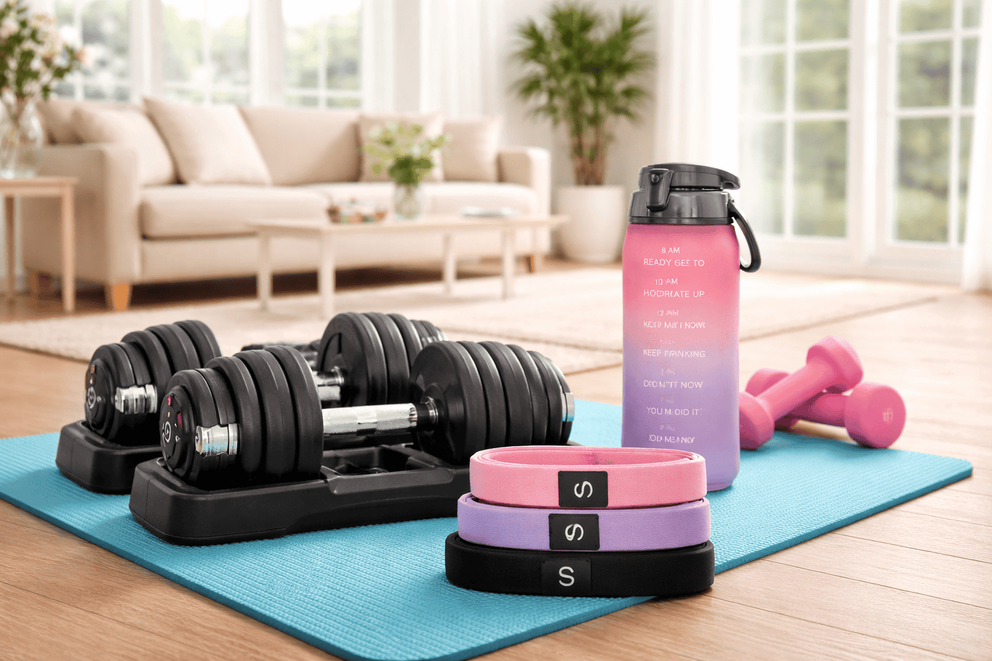 Home strength training essentials 2026 with dumbbells, resistance bands, and a water bottle on a workout mat.
