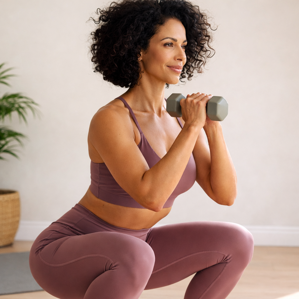 Woman performing dumbbell squat at home to tone legs and glutes in modern bedroom workout space