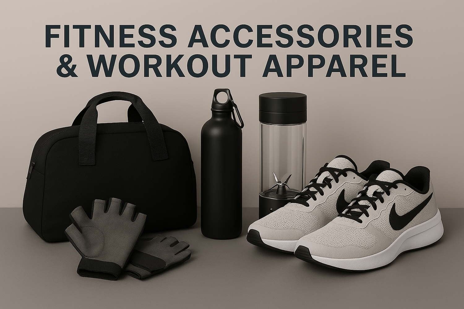 Home gym fitness accessories including gloves, water bottles, and workout apparel for optimal performance