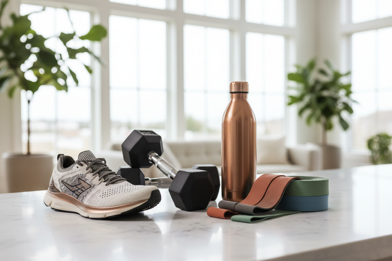 Best selling fitness equipment including running shoes, dumbbells, and training accessories