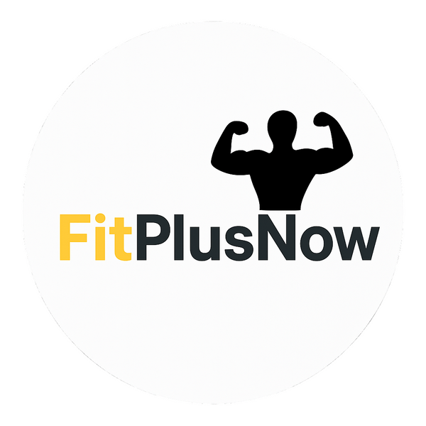 Logo of FitPlusNow with a silhouette of a muscular figure on a white circle background