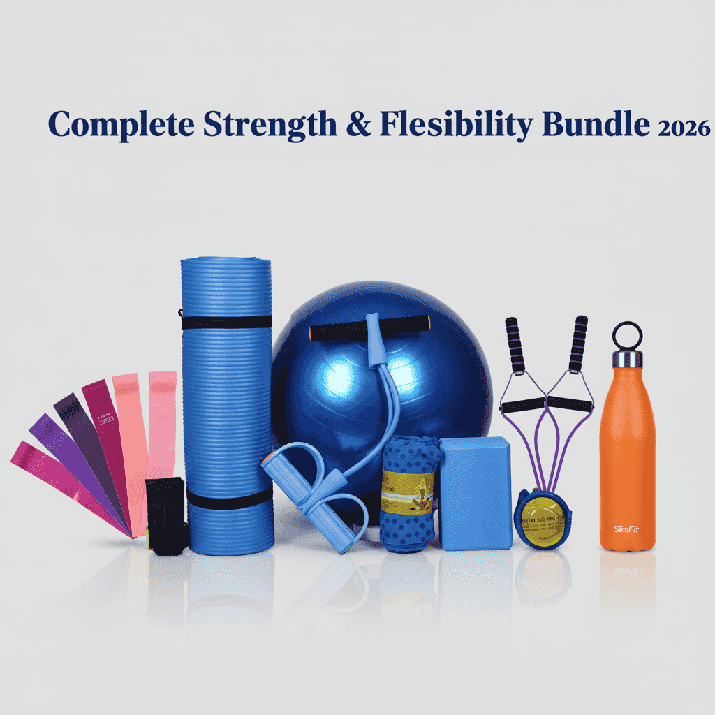 Strength & Flexibility Bundle 2026 - Complete Set with resistance bands, yoga mat, stability ball, foam roller, blocks, and water bottle.