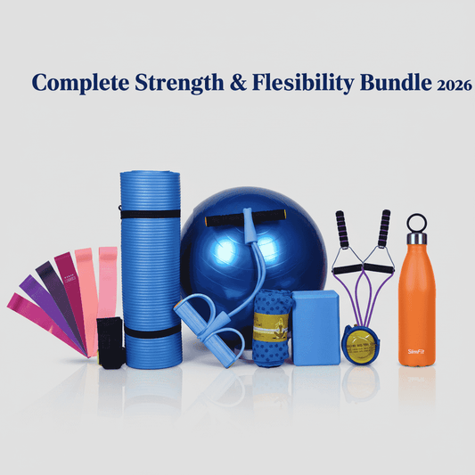 Strength & Flexibility Bundle 2026 - Complete Set with resistance bands, yoga mat, stability ball, foam roller, blocks, and water bottle.