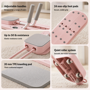 A six-panel feature collage of a pink and gray adjustable exercise bike, highlighting adjustable handles, non-slip foot pads, resistance strength, a thick TPE knee pad, and a quiet roller system on a light carpet background.