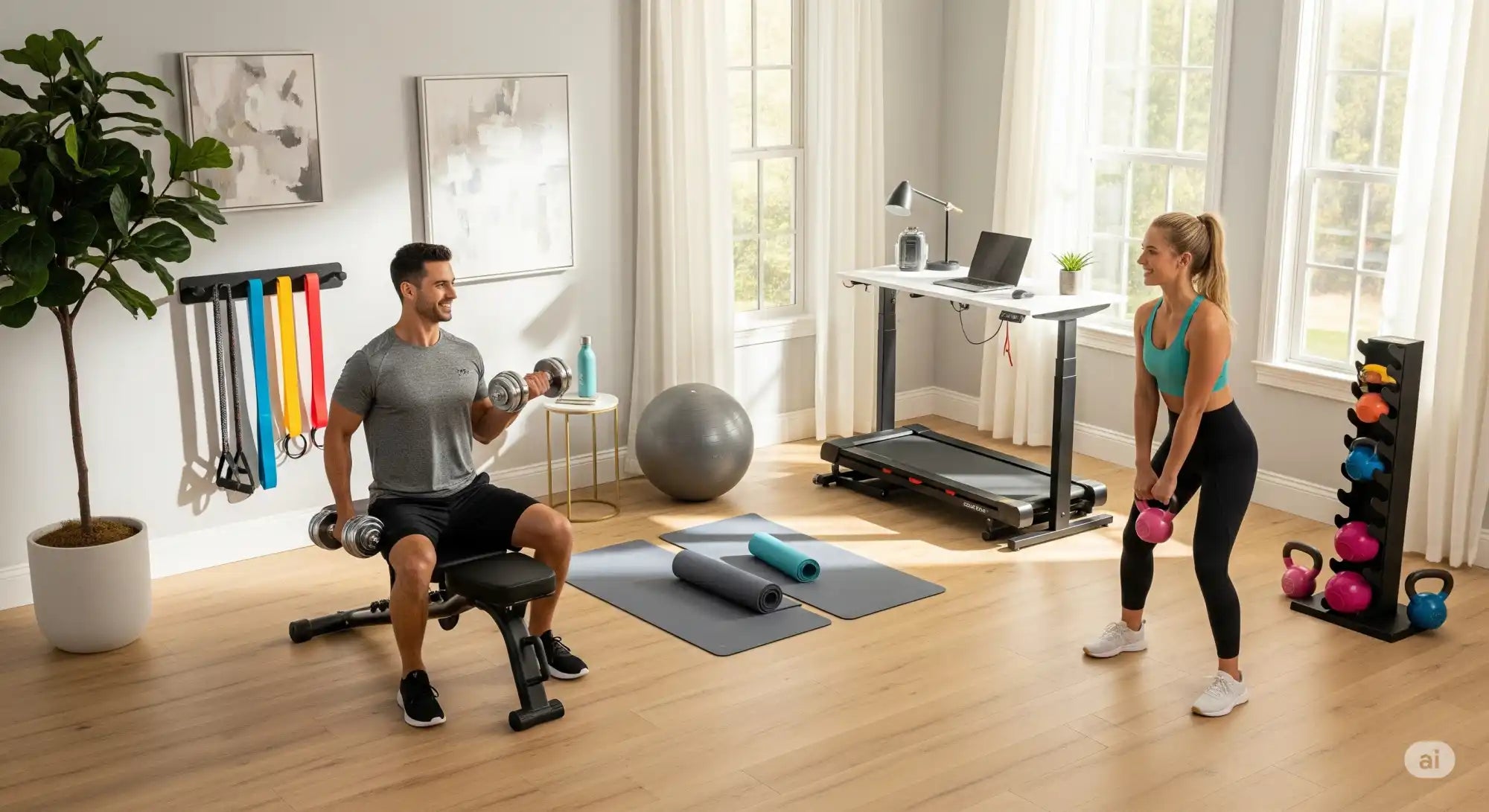 A man and woman exercising in a home gym