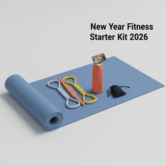 2026 Fitness Starter Kit - New Year Bundle with yoga mat, resistance bands, orange water bottle, and phone holder for home workouts.