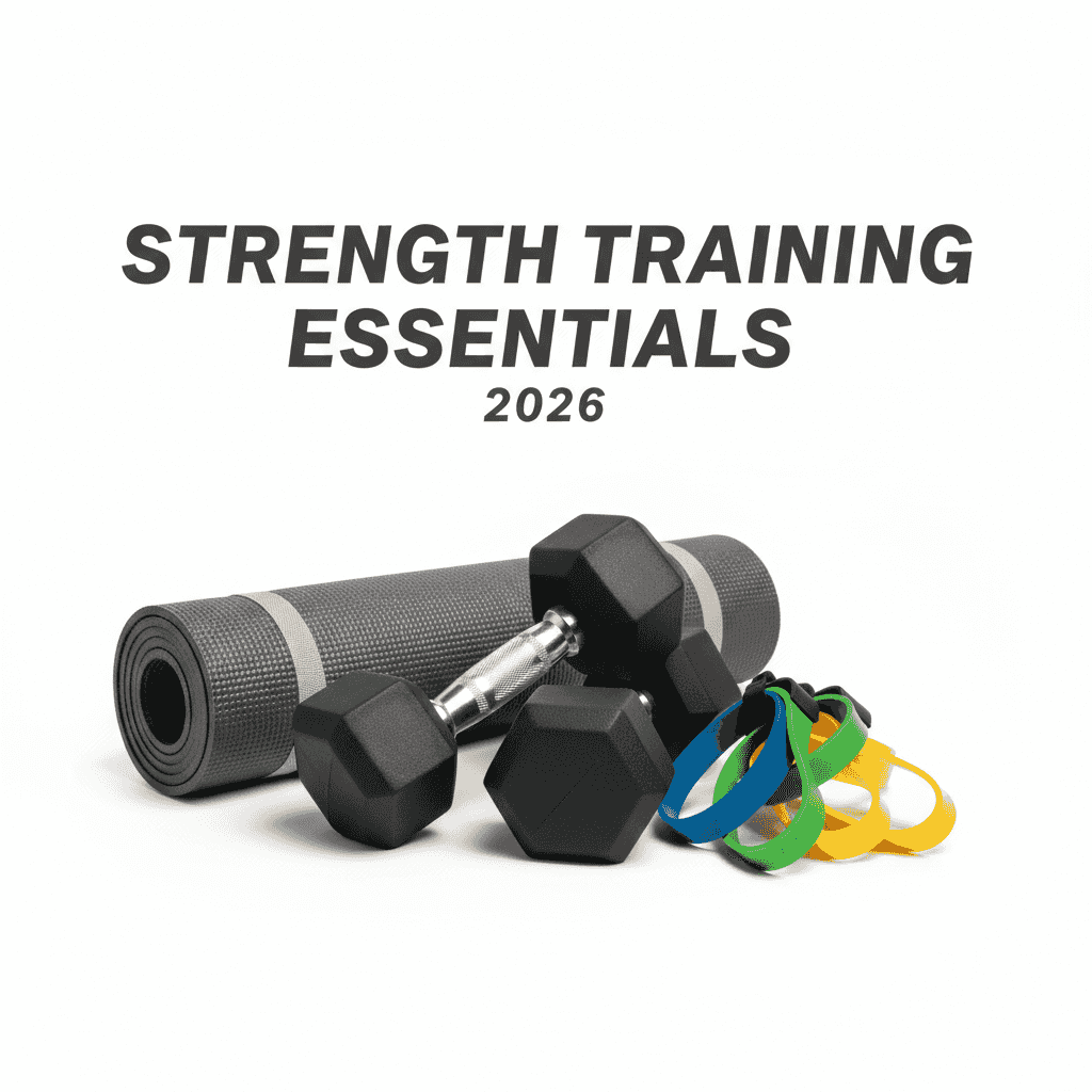 Strength Training Bundle 2026 - Essentials includes dumbbells, resistance bands, and yoga mat for home muscle and power workouts.