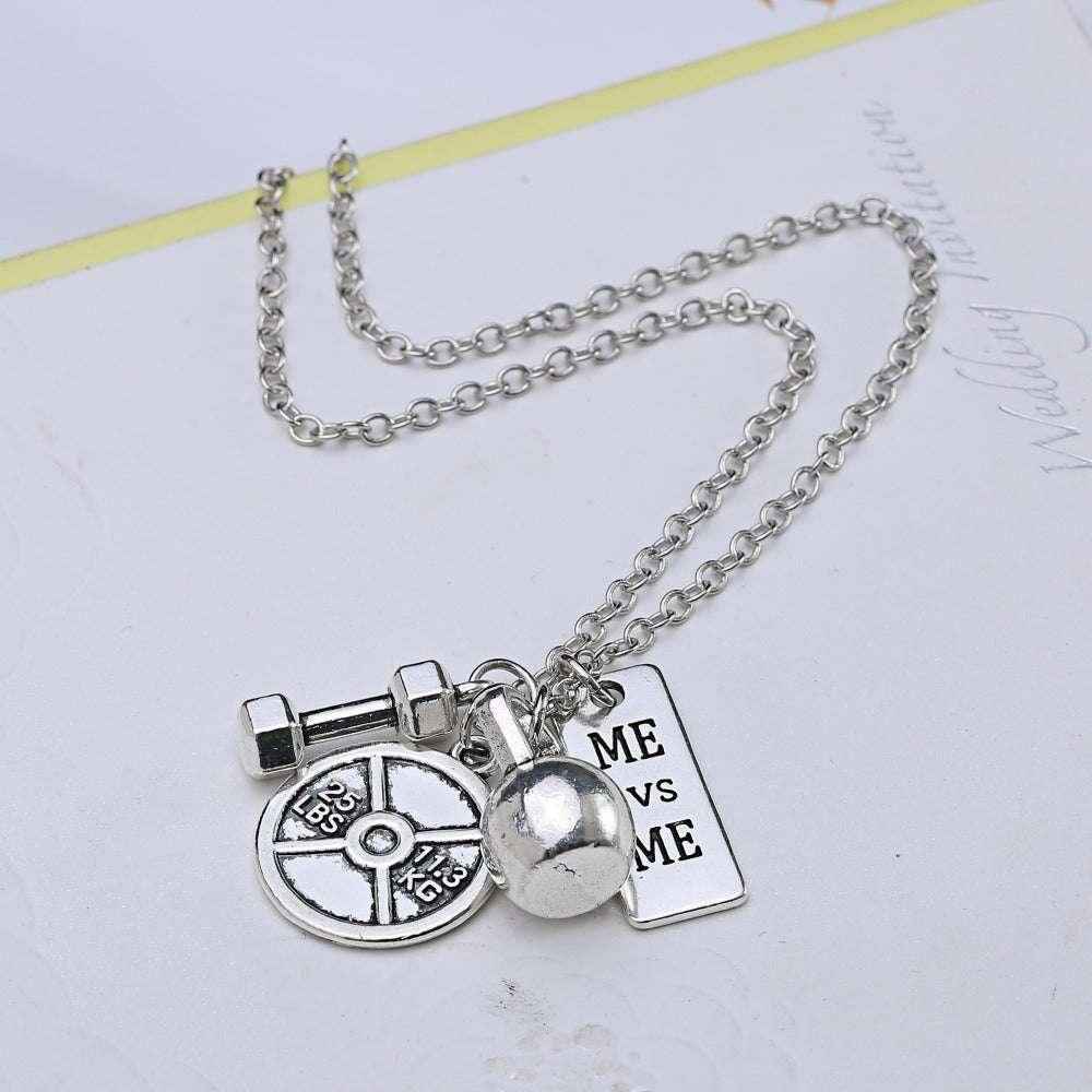 Titanium Steel Dumbbell & Barbell Pendant Necklace – Stylish Gym Jewelry for Fitness Lovers.